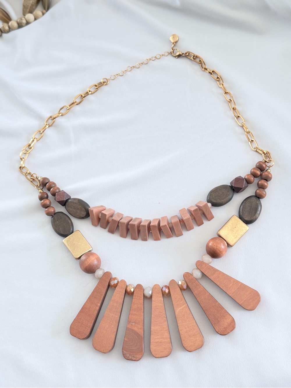 Gold-toned Chain Multi-Strand Wood Statement Necklace